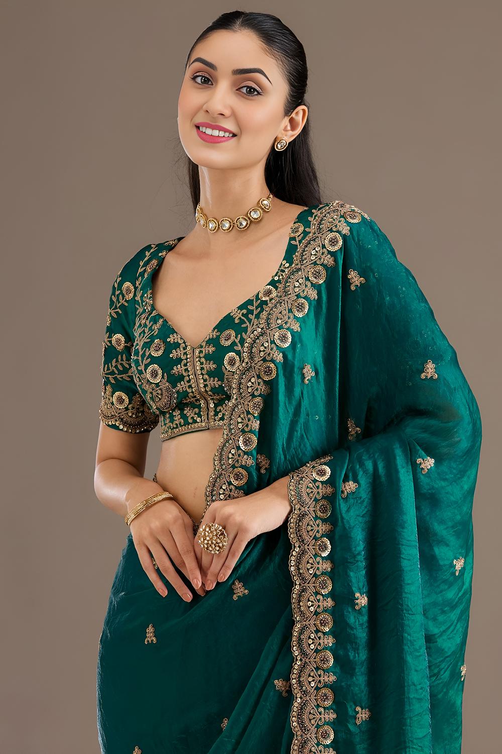 Mumtaz Teal Tissue Gold Embroidered Ready to Wear Saree