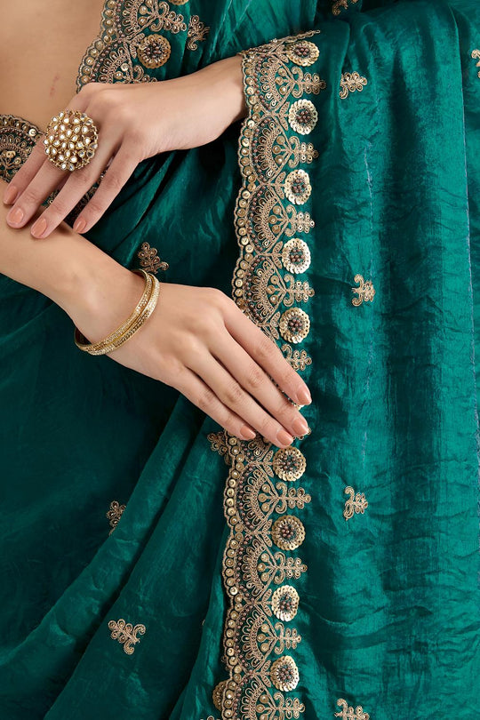 Mumtaz Teal Tissue Gold Embroidered Ready to Wear Saree