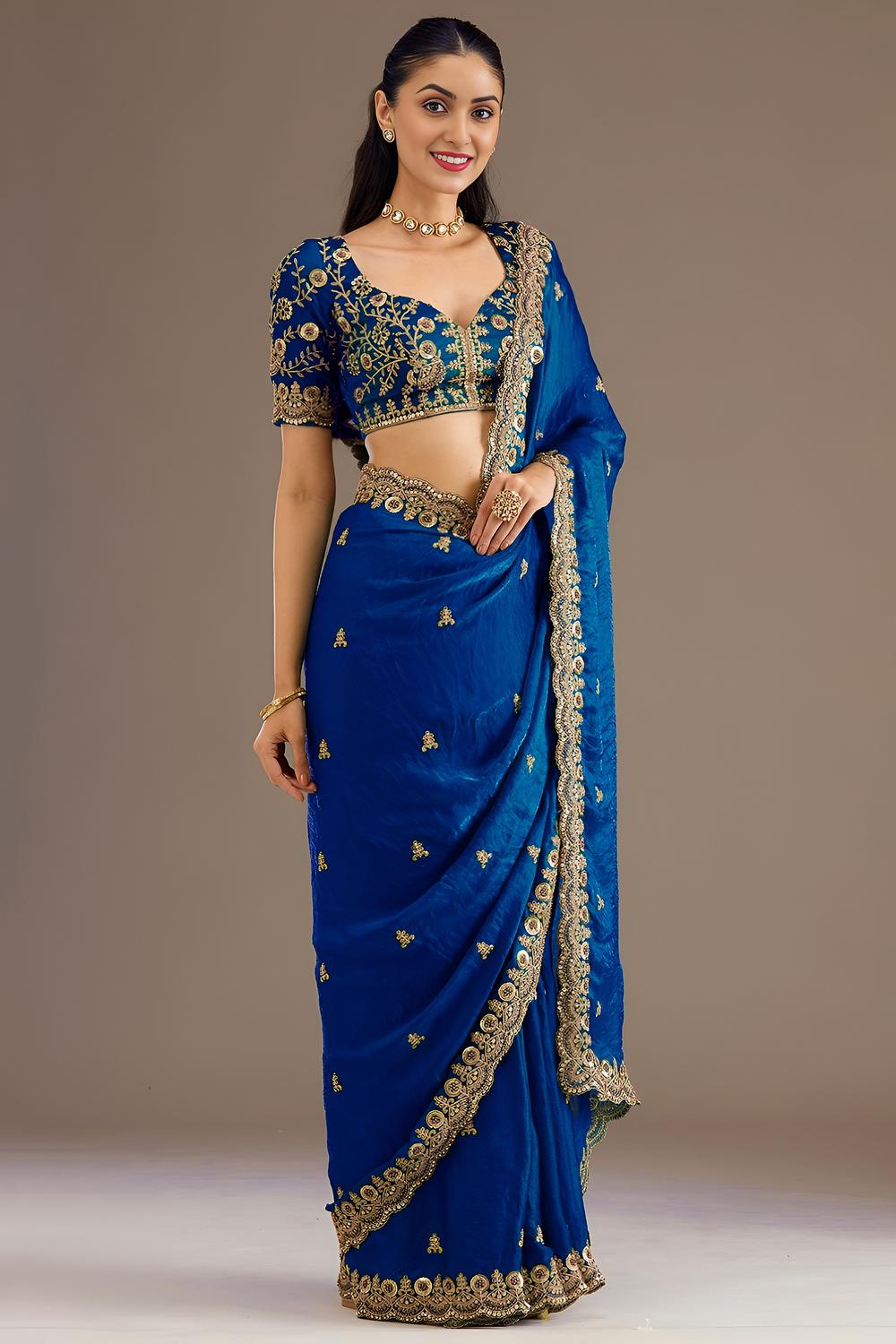 Mumtaz Royal Blue Tissue Gold Embroidered Ready to Wear Saree