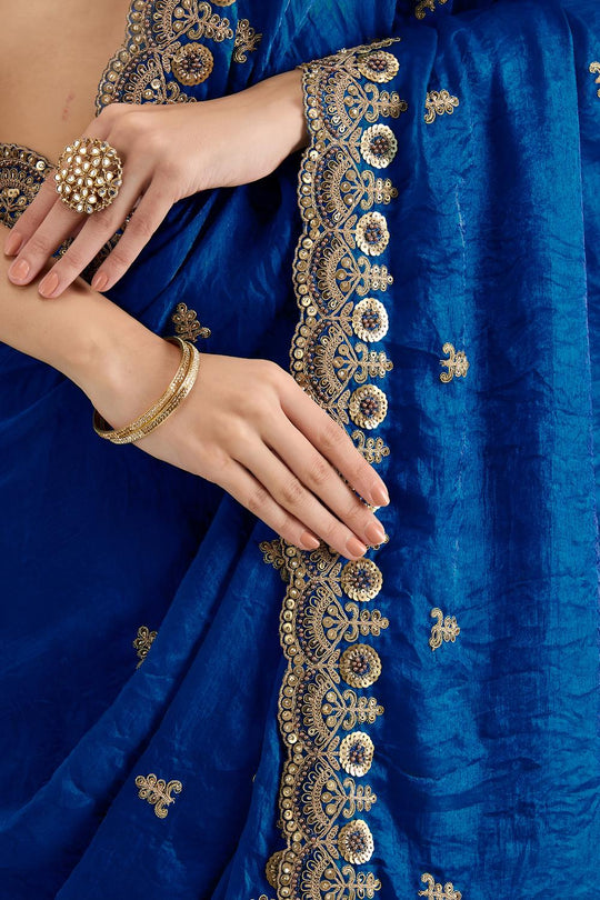 Mumtaz Royal Blue Tissue Gold Embroidered Ready to Wear Saree