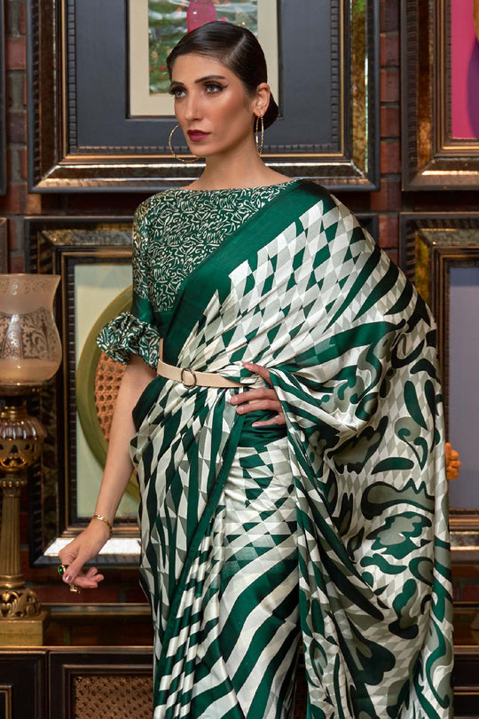 Naia Green Printed Satin One Minute Saree