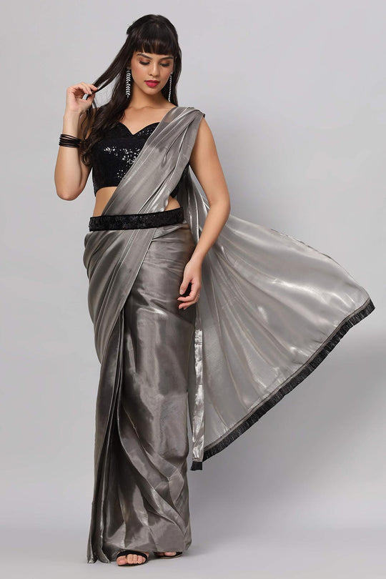 Arya Dark Grey & Black Beaded Trim One Minute Saree