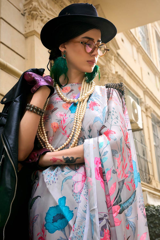 Mona Off White Printed Georgette Satin One Minute Saree