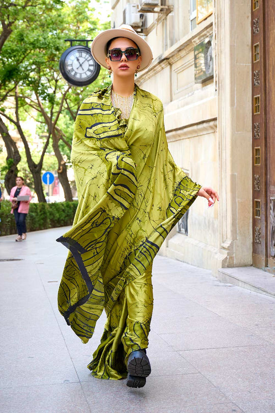 Amal Green Abstract Printed Satin Crepe One Minute Saree