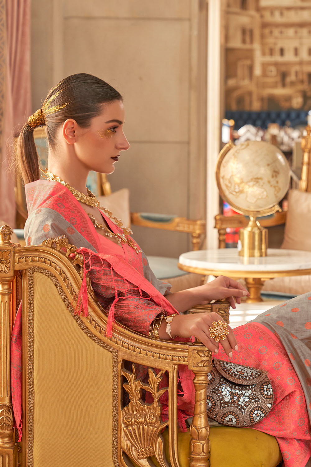 Dalila Grey Satin Woven Ready to Wear One Minute Saree