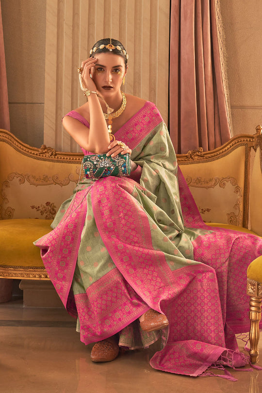 Dalila Green Satin Woven Ready to Wear One Minute Saree