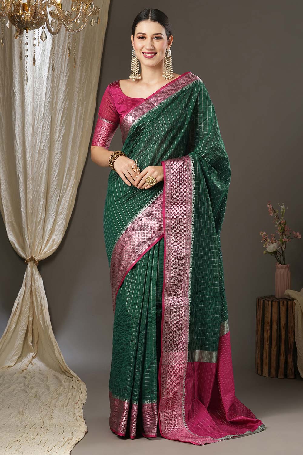 Aura Green & Magenta Silk Jacquard One Minute Saree