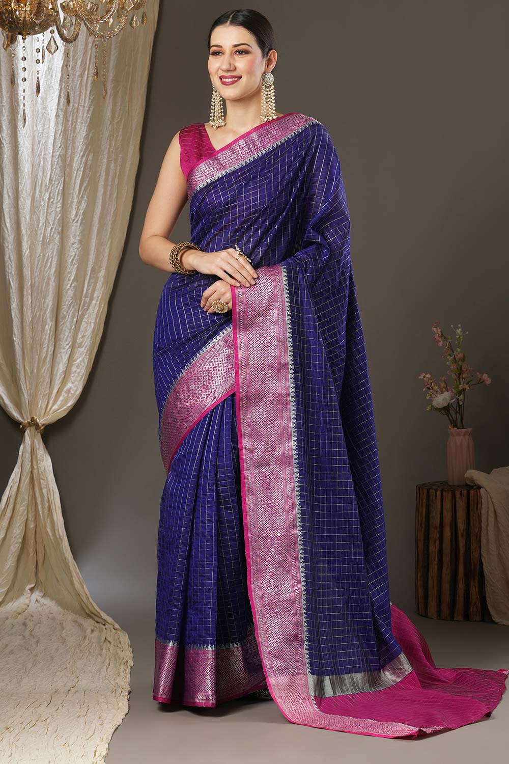 Aura Blue & Magenta Silk Jacquard One Minute Saree