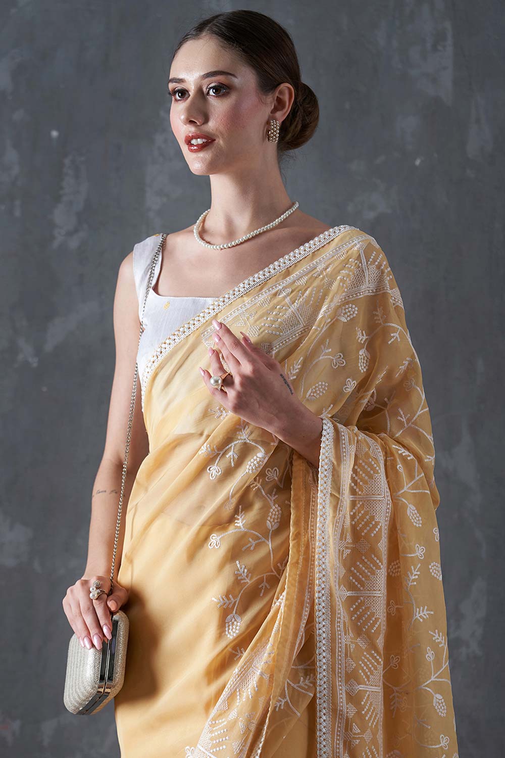 Kavi Yellow Organza Lace One Minute Saree