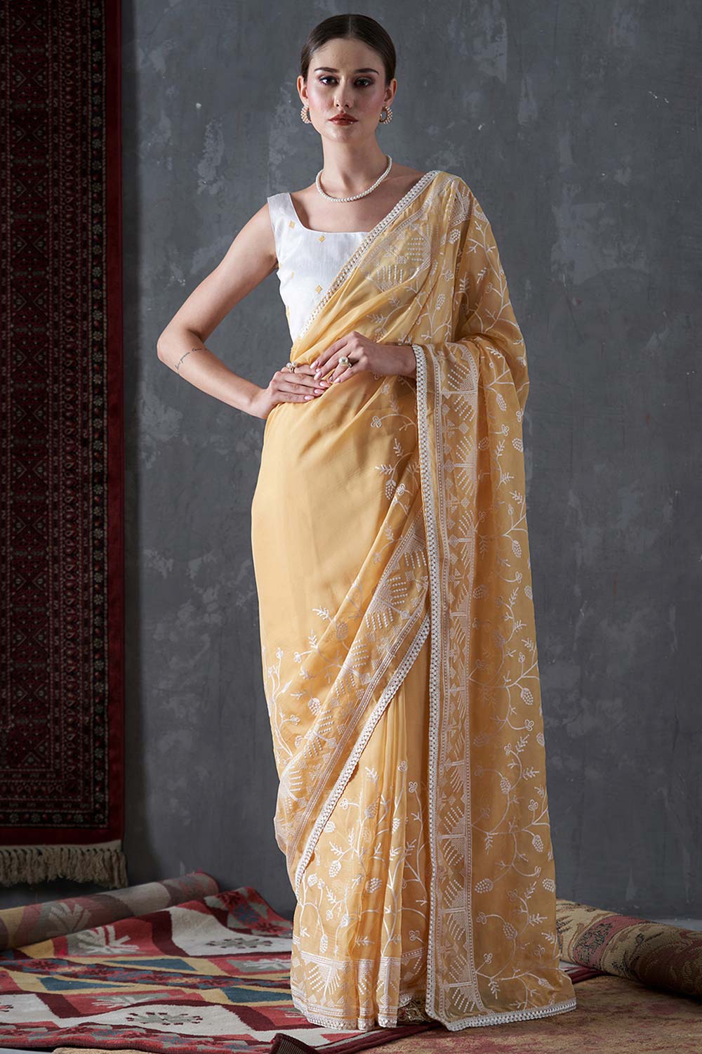 Kavi Yellow Organza Lace One Minute Saree