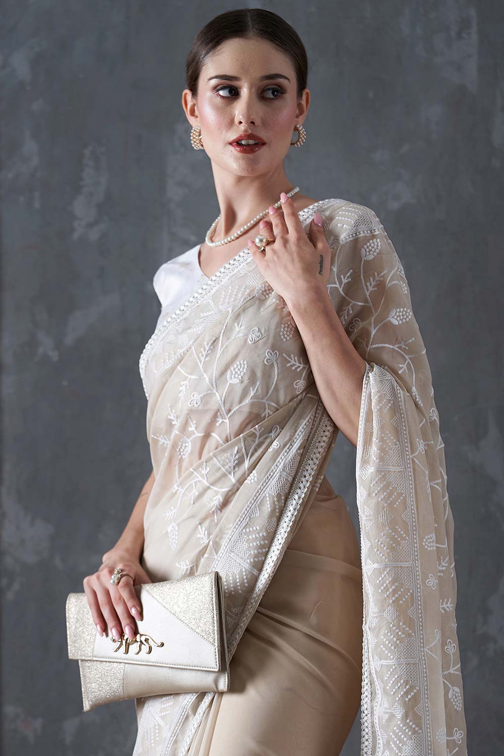 Kavi Beige Organza Lace One Minute Saree