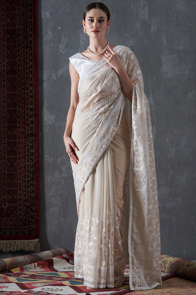 Kavi Beige Organza Lace One Minute Saree