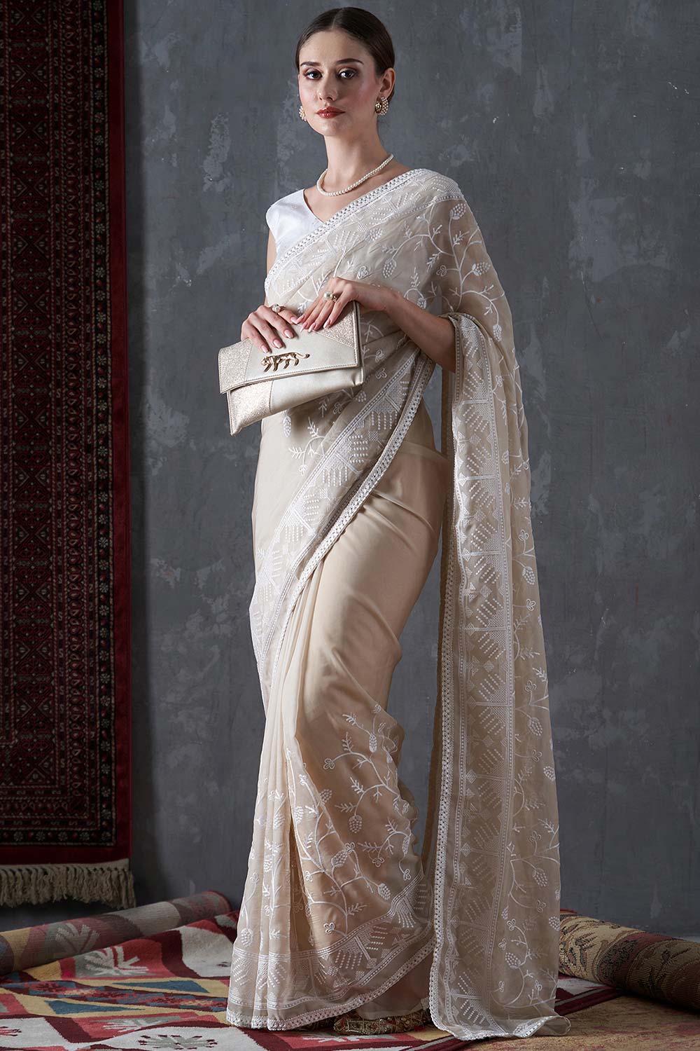 Kavi Beige Organza Lace One Minute Saree