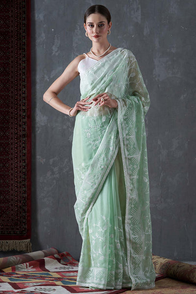 Kavi Turquoise Organza Lace One Minute Saree