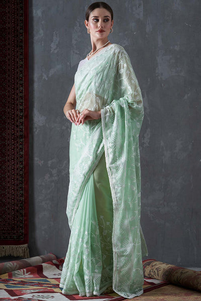 Kavi Turquoise Organza Lace One Minute Saree