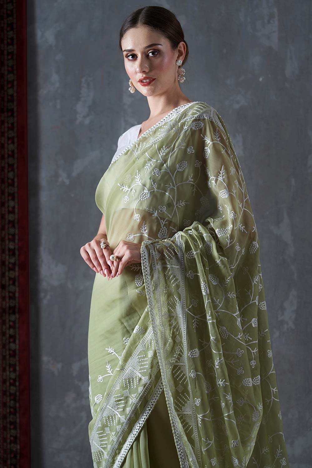 Kavi Olive Organza Lace One Minute Saree