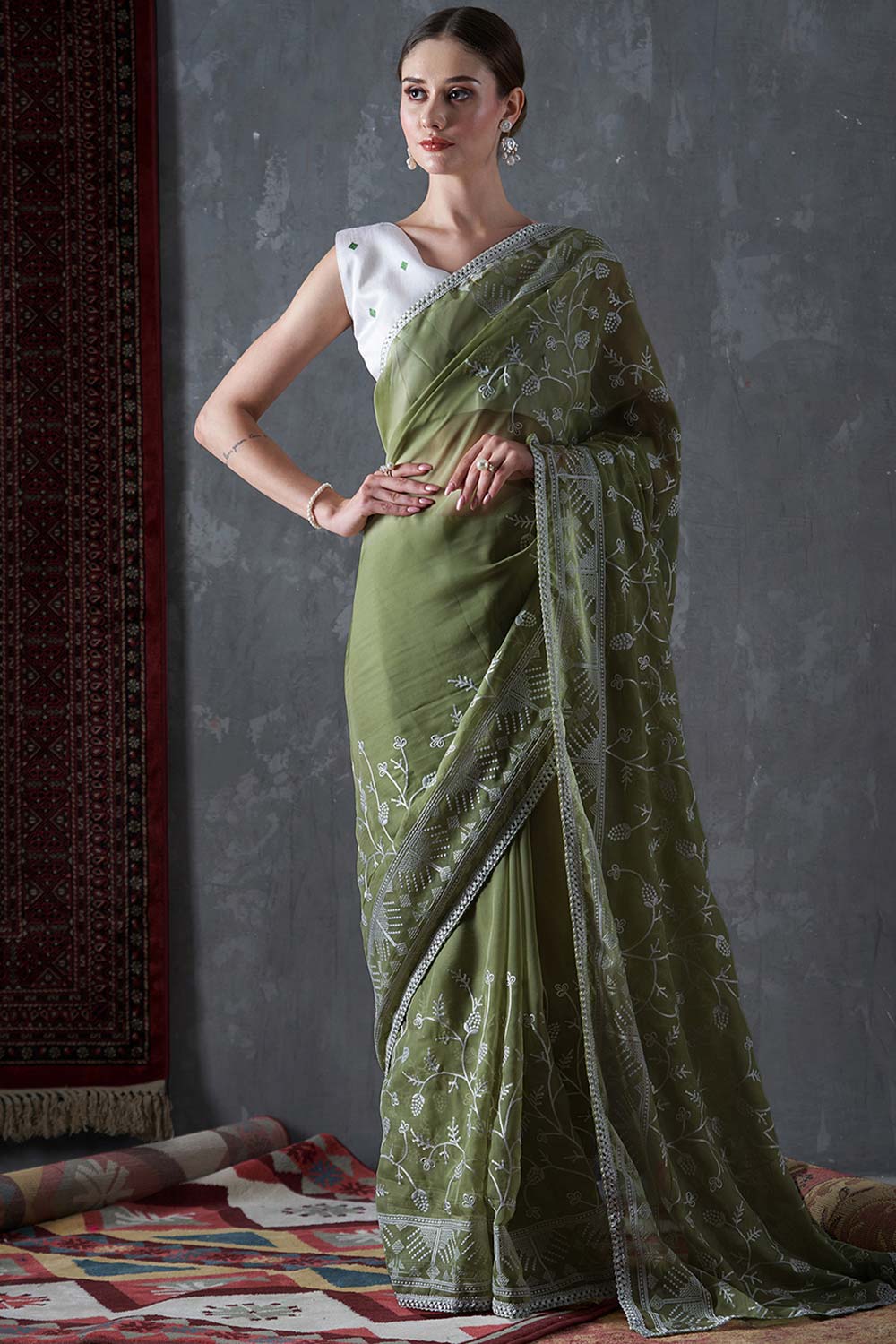 Kavi Olive Organza Lace One Minute Saree