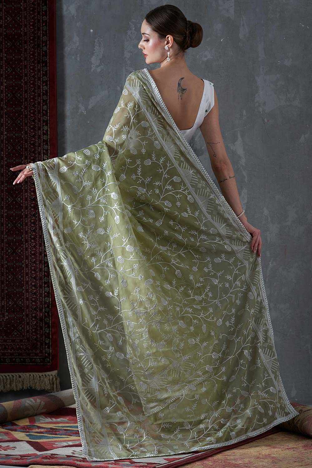 Kavi Olive Organza Lace One Minute Saree