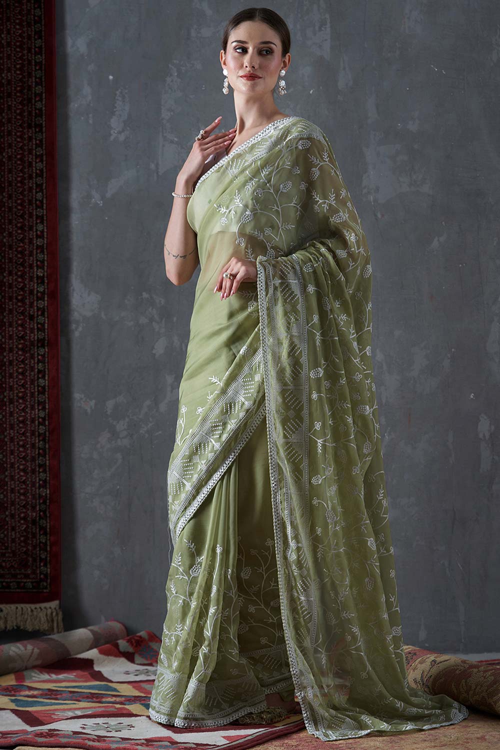 Kavi Olive Organza Lace One Minute Saree