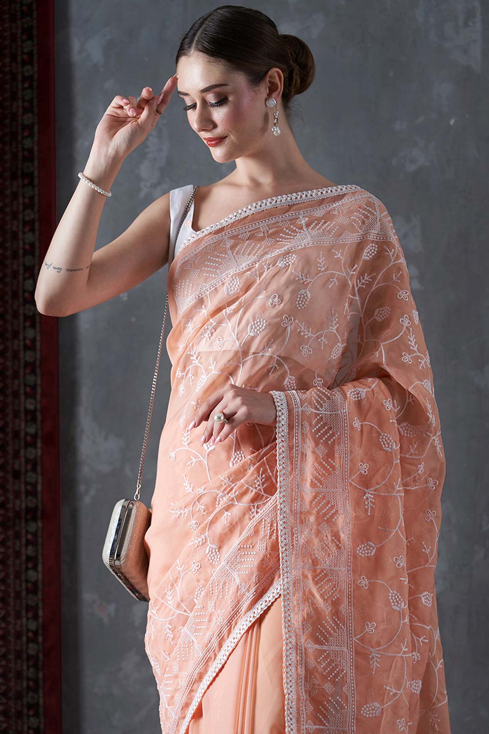 Kavi Orange Organza Lace One Minute Saree