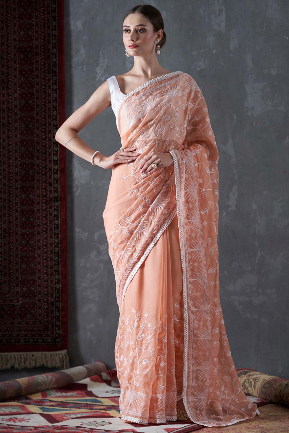 Kavi Orange Organza Lace One Minute Saree