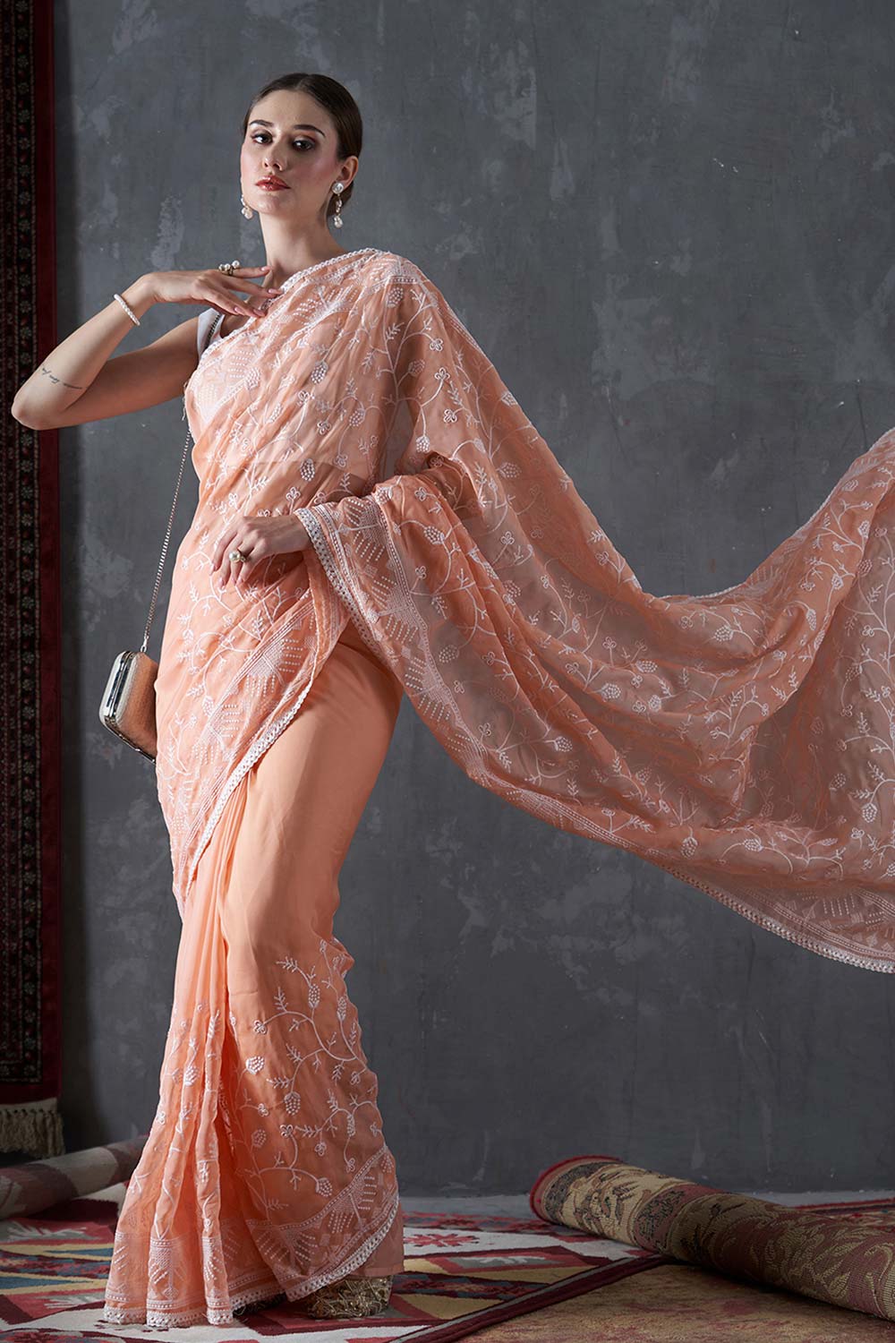 Kavi Orange Organza Lace One Minute Saree