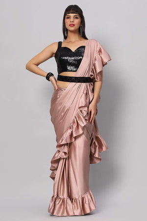 Priya Dusty Rose Satin Flat Ruffle One Minute Saree