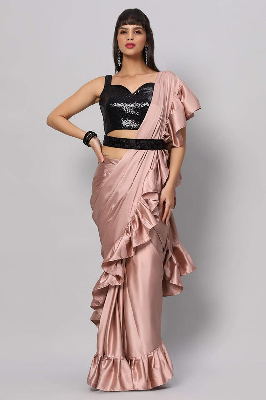 Priya Dusty Rose Satin Flat Ruffle Ready to Wear One Minute Saree