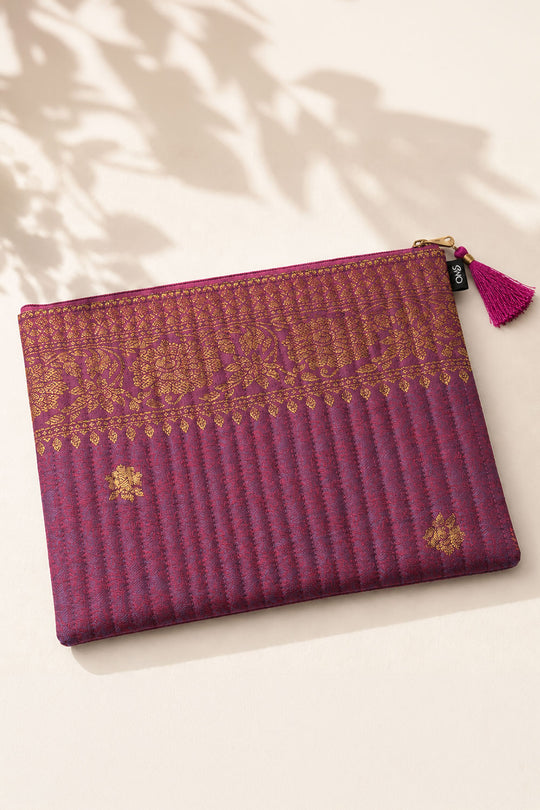 Ana Purple Banarasi Silk Medium Zipper Pouch