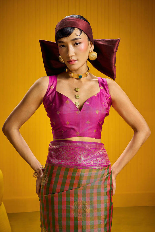 Rubia Magenta & Olive Pure Silk Handloom Zari Checkered Ready to Wear Saree