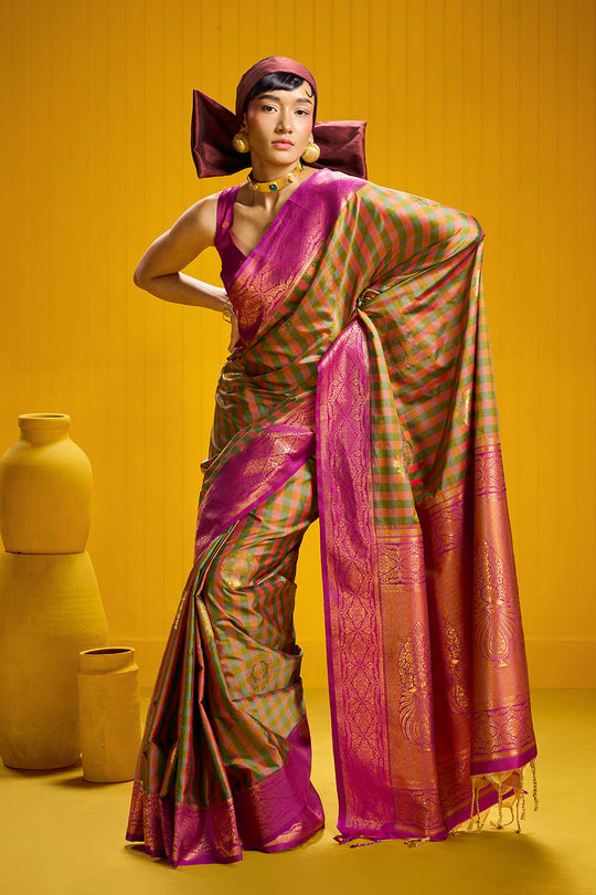 Rubia Magenta & Olive Pure Silk Handloom Zari Checkered Ready to Wear Saree