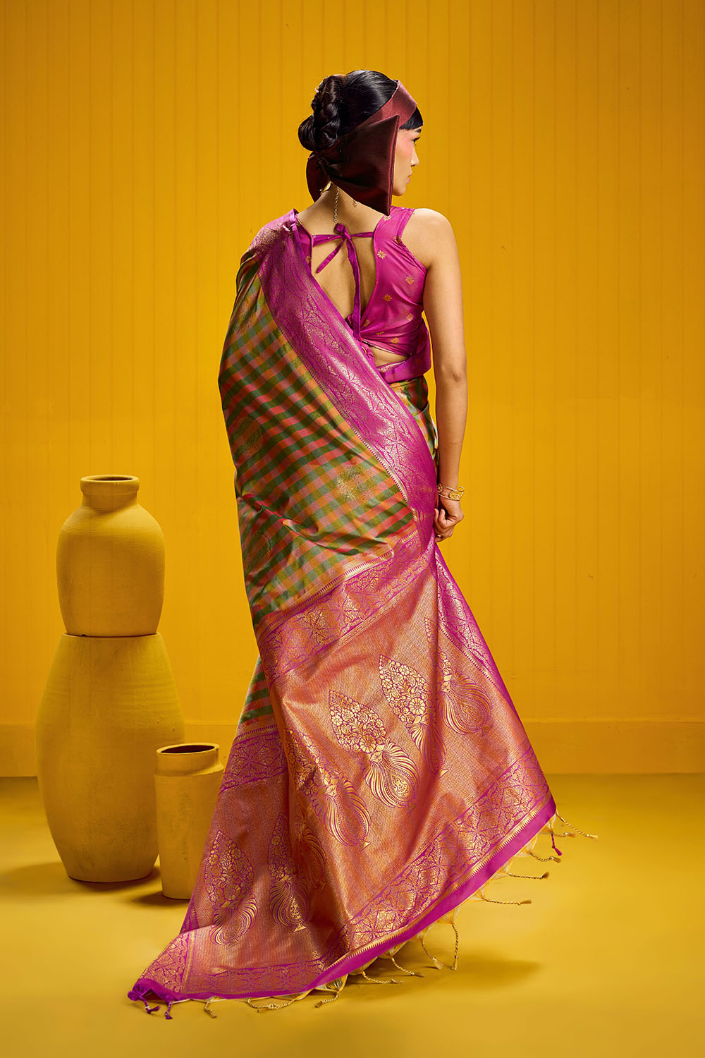 Rubia Magenta & Olive Pure Silk Handloom Zari Checkered Ready to Wear Saree