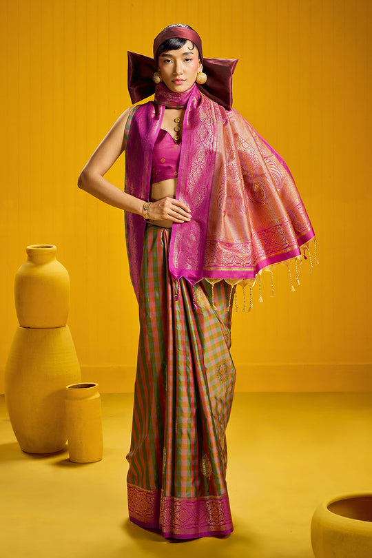 Rubia Magenta & Olive Pure Silk Handloom Zari Checkered Ready to Wear Saree