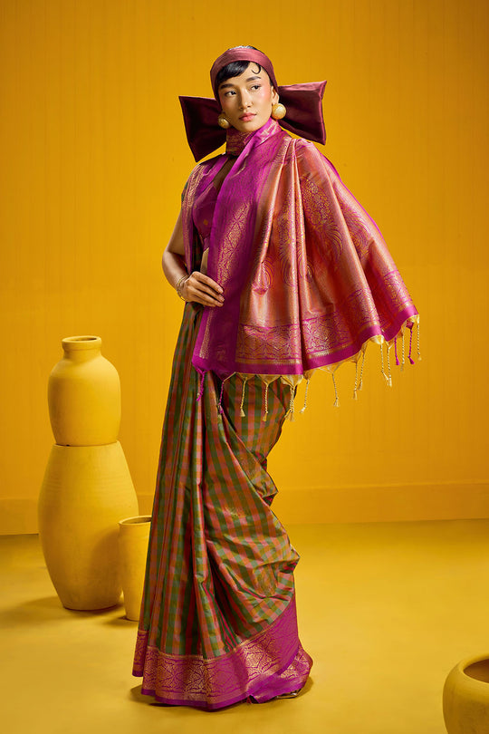 Rubia Magenta & Olive Pure Silk Handloom Zari Checkered Ready to Wear Saree