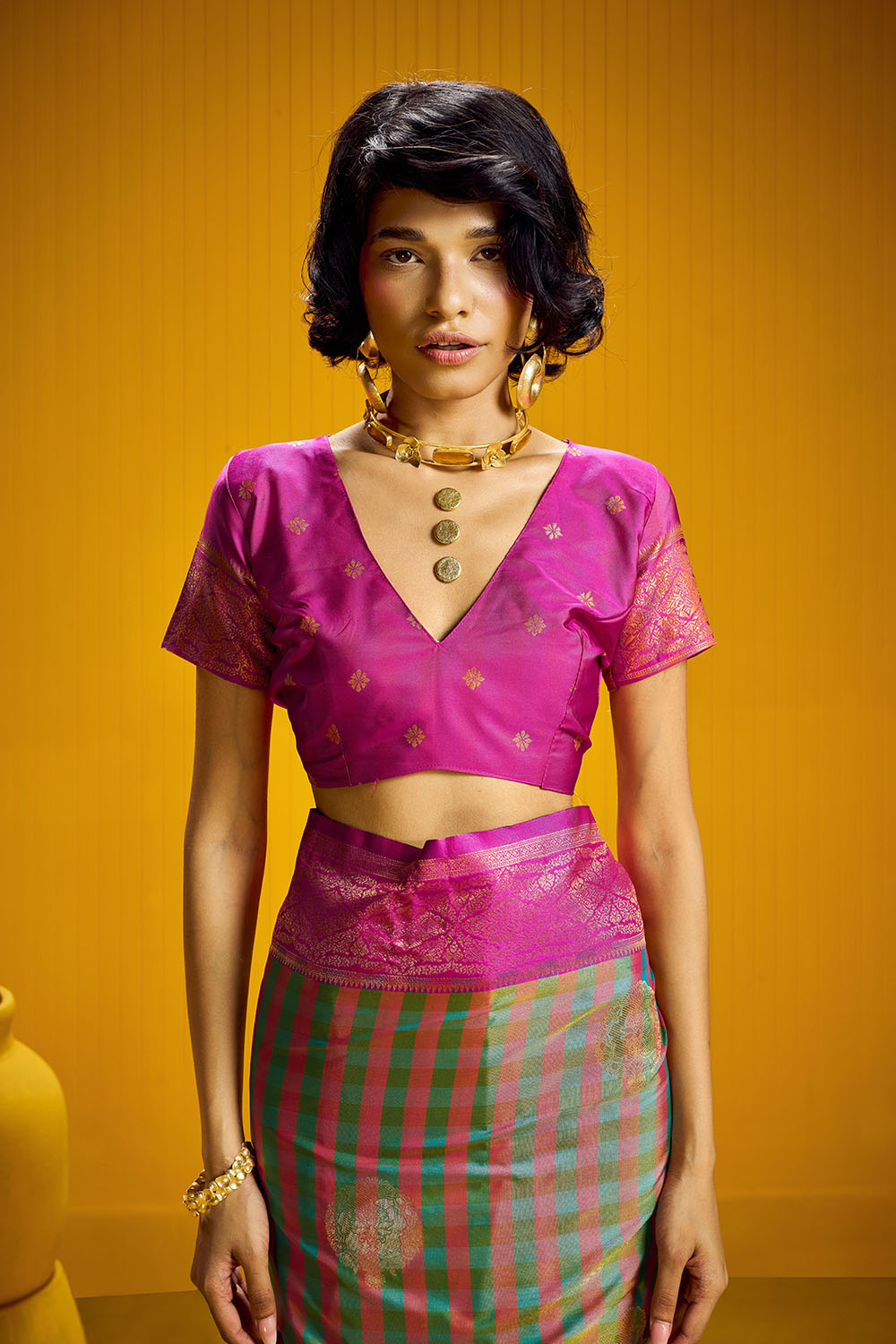 Rubia Pink & Green Pure Silk Handloom Zari Checkered Ready to Wear Saree