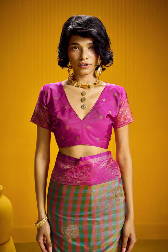 Rubia Pink & Green Pure Silk Handloom Zari Checkered Ready to Wear Saree