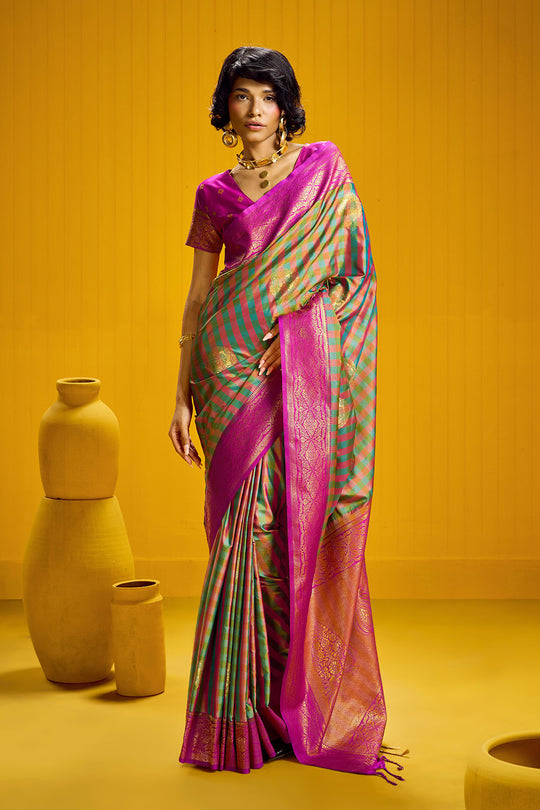 Rubia Pink & Green Pure Silk Handloom Zari Checkered Ready to Wear Saree