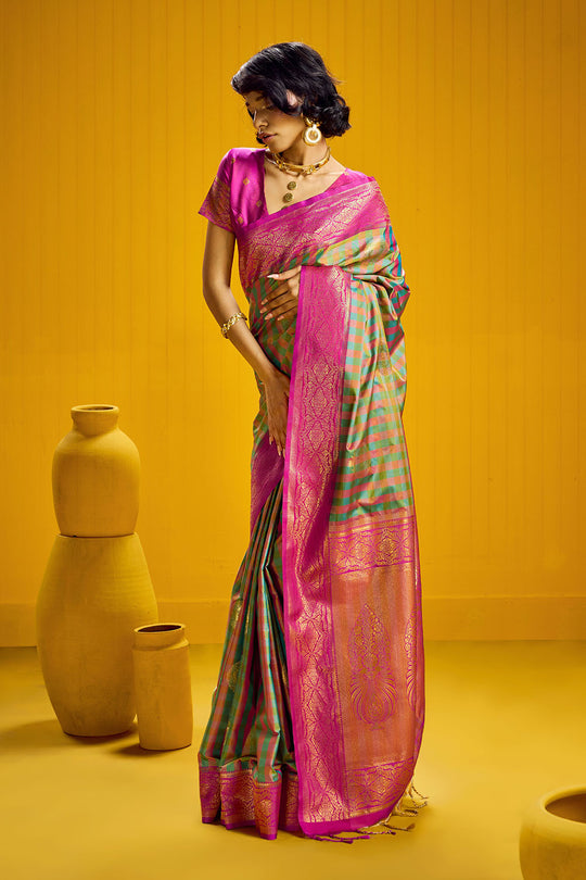 Rubia Pink & Green Pure Silk Handloom Zari Checkered Ready to Wear Saree