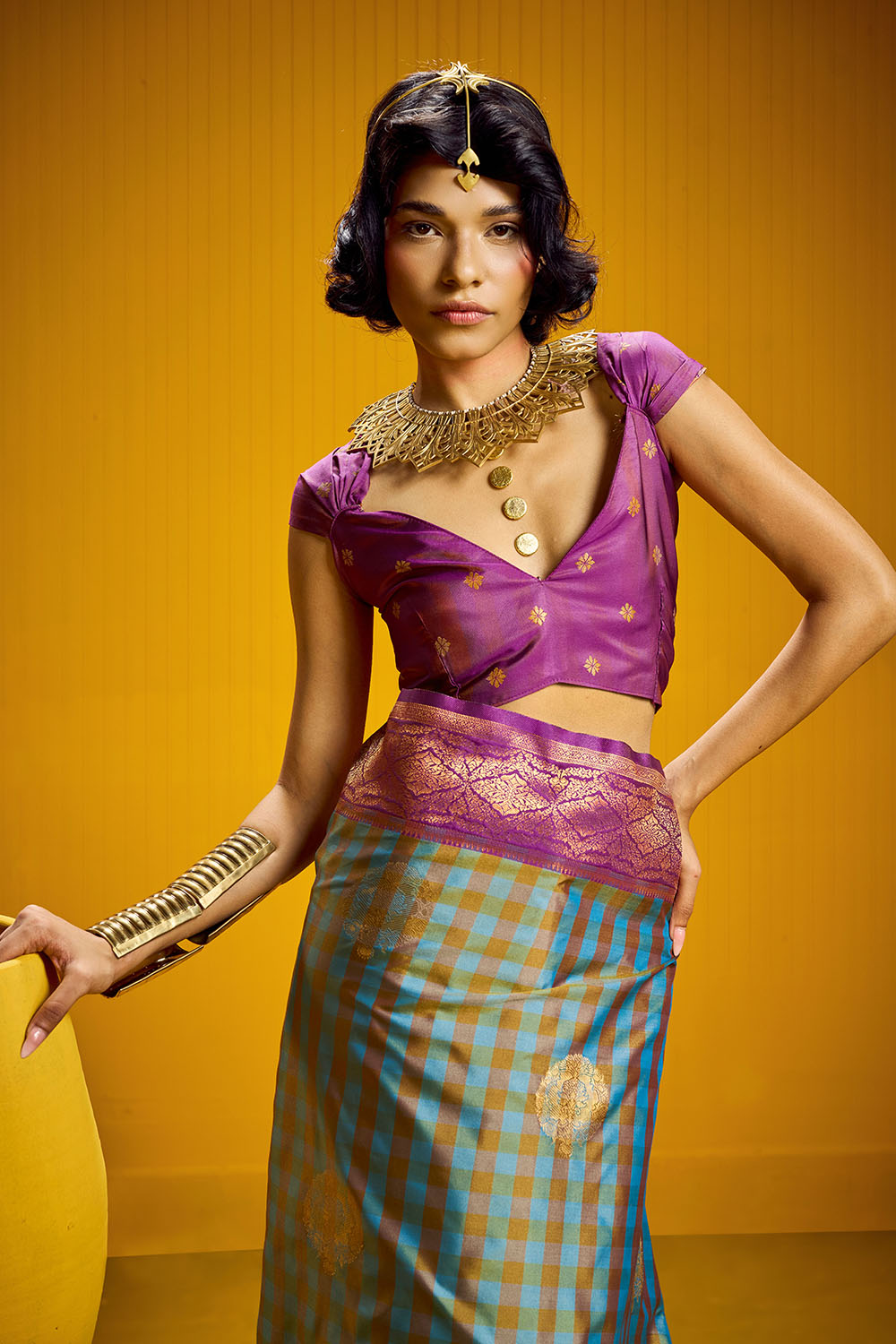 Rubia Purple & Teal Pure Silk Handloom Zari  Checkered Ready to Wear Saree