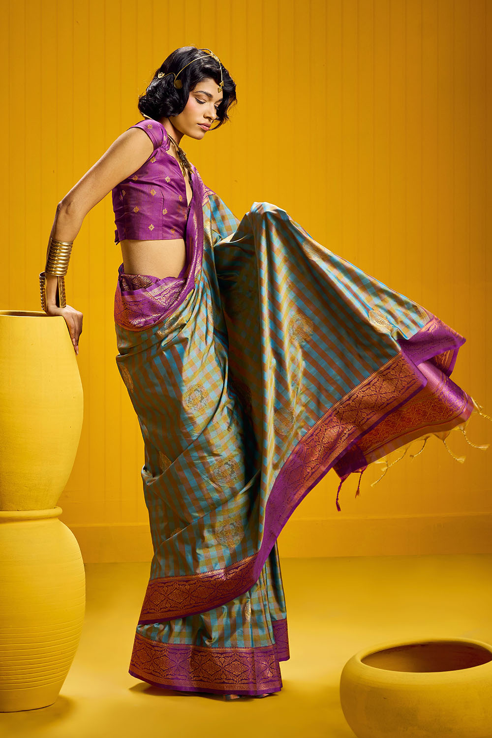 Rubia Purple & Teal Pure Silk Handloom Zari  Checkered Ready to Wear Saree