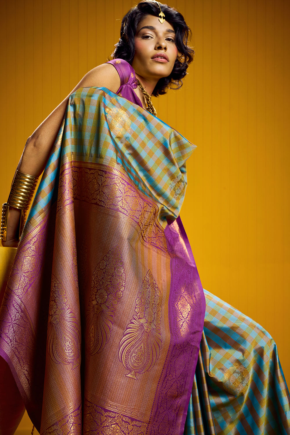 Rubia Purple & Teal Pure Silk Handloom Zari  Checkered Ready to Wear Saree