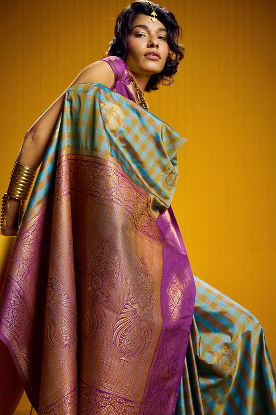 Rubia Purple & Teal Pure Silk Handloom Zari  Checkered Ready to Wear Saree
