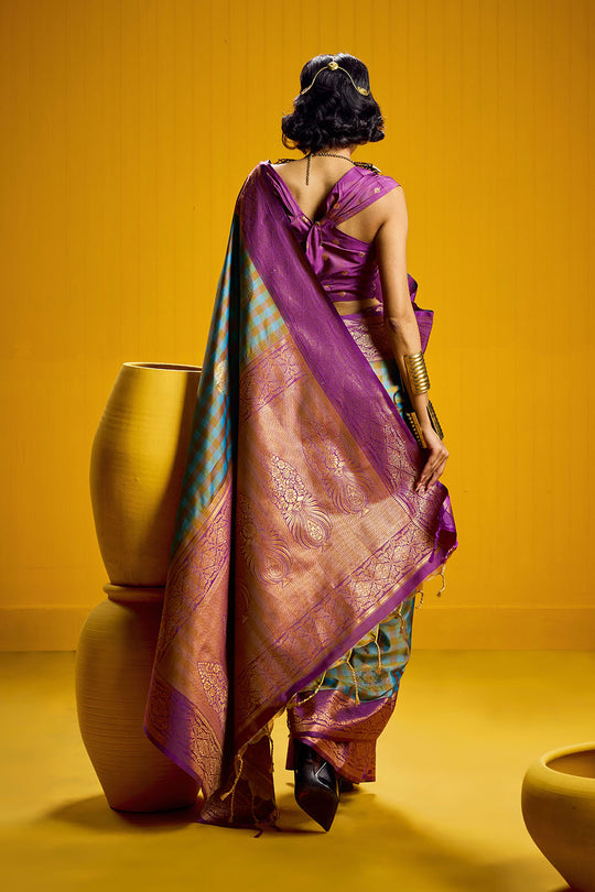 Rubia Purple & Teal Pure Silk Handloom Zari  Checkered Ready to Wear Saree
