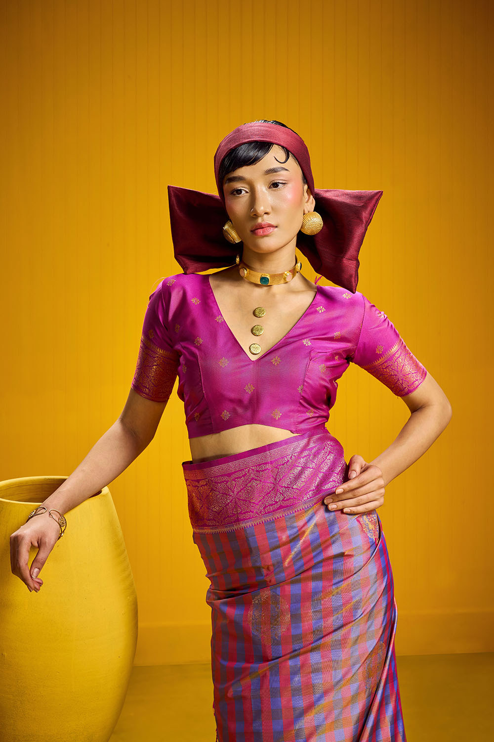 Rubia Pink & Blue Pure Silk Handloom Zari Checkered Ready to Wear Saree