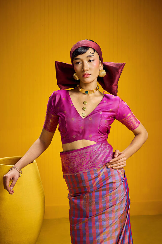 Rubia Pink & Blue Pure Silk Handloom Zari Checkered Ready to Wear Saree