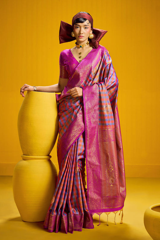 Rubia Pink & Blue Pure Silk Handloom Zari Checkered Ready to Wear Saree