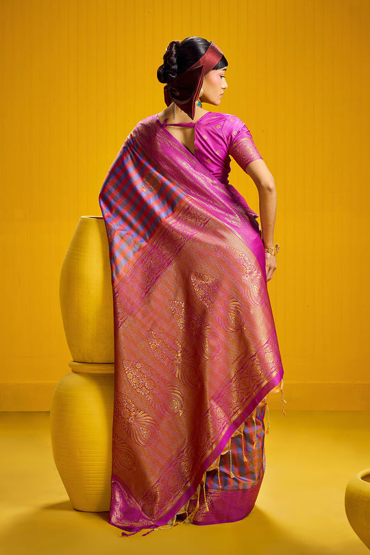 Rubia Pink & Blue Pure Silk Handloom Zari Checkered Ready to Wear Saree