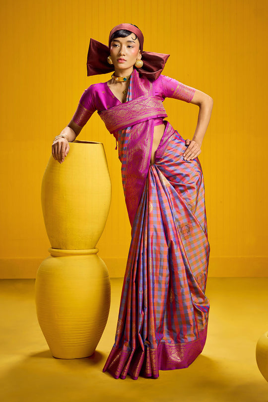 Rubia Pink & Blue Pure Silk Handloom Zari Checkered Ready to Wear Saree