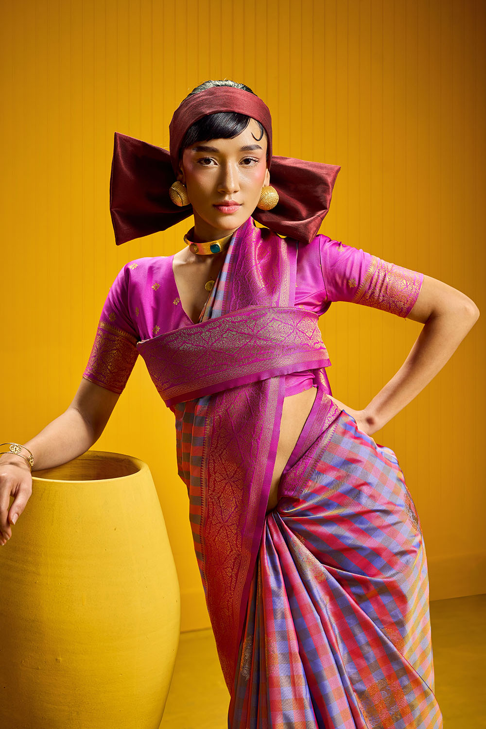 Rubia Pink & Blue Pure Silk Handloom Zari Checkered Ready to Wear Saree