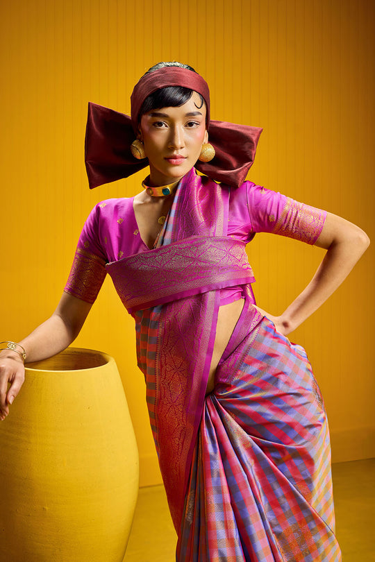 Rubia Pink & Blue Pure Silk Handloom Zari Checkered Ready to Wear Saree